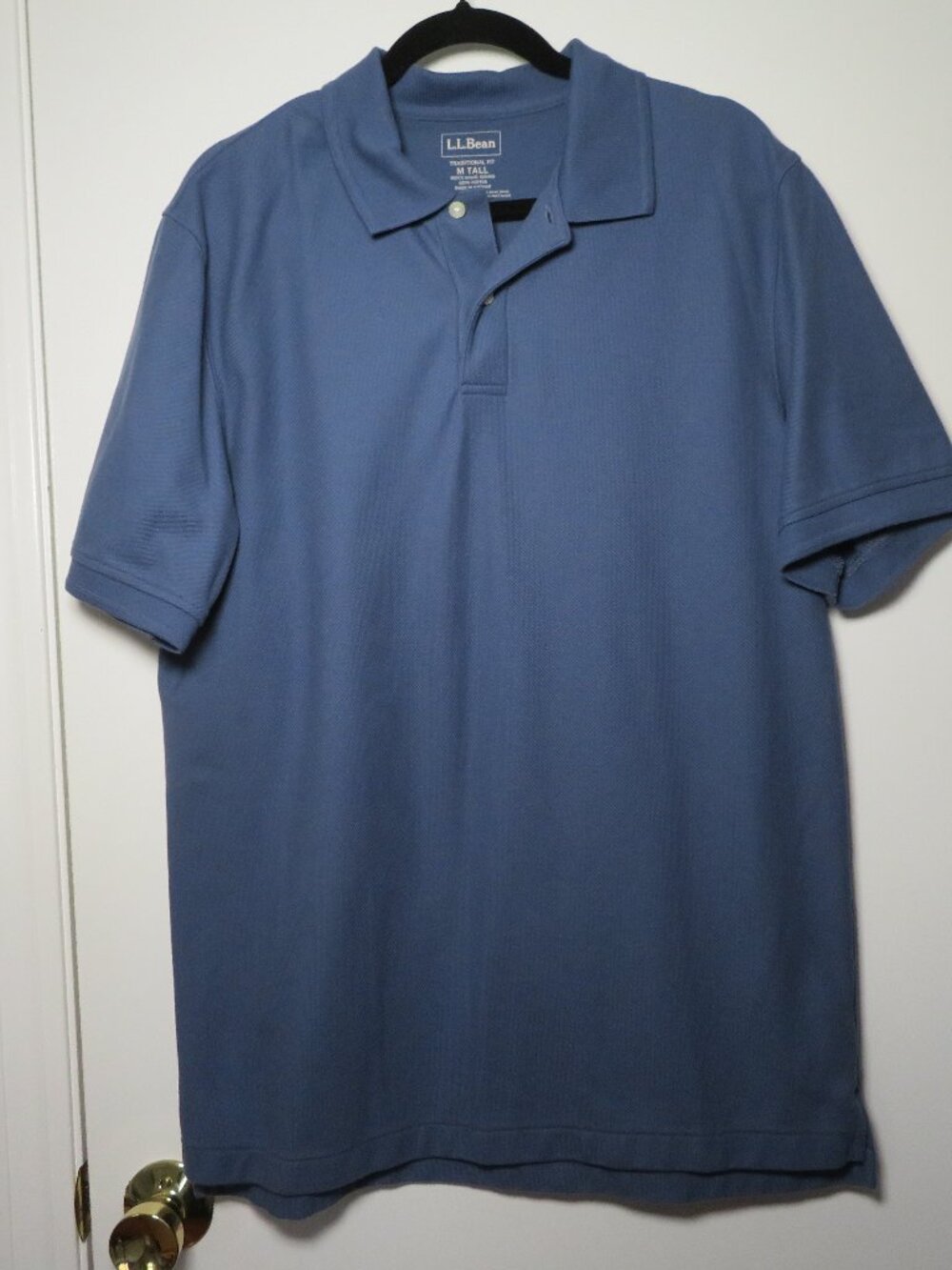 LL Bean Mens Medium Tall Blue Polo Shirt White Buttons
